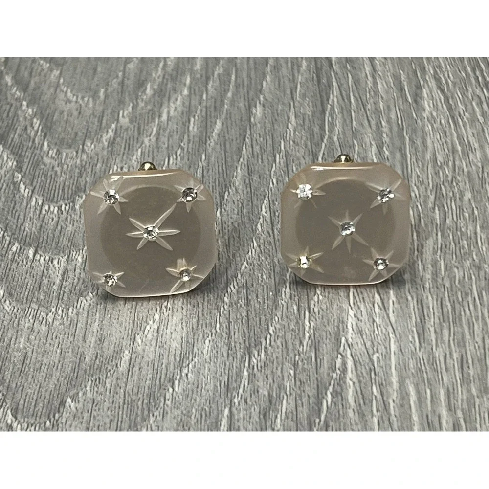 Vintage Men's Pink Frosted‎ Lucite Rhinestone Starburst Cufflinks Gold Tone